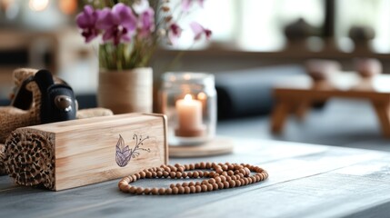 Poster - Elegant Wooden Box Displaying Exquisite Wooden Bead Necklace on Natural Surface Evoking Warmth and Craftsmanship Aesthetic