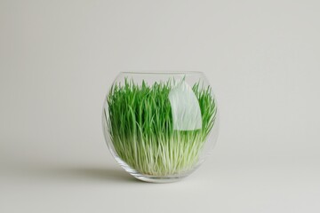 Wall Mural - Bright Green Grass in a Clear Glass Bowl for Home Decor Idea