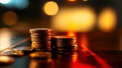 Poster - A close-up of stacked coins on a wooden surface, with a blurred background of warm lights, conveying a sense of wealth and finance.