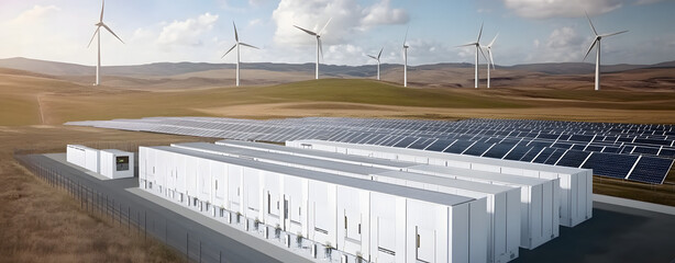 photovoltaic panels and wind turbines with battery storage on the ground