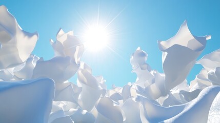 Poster - A 3D render of white abstract shapes floating in the air with a bright blue sky and the sun shining, creating a serene and artistic scene