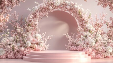 Aufkleber - A beautiful 3D render of a pink podium with delicate pastel flowers and a floral arch in the background, ideal for a product showcase or ceremony