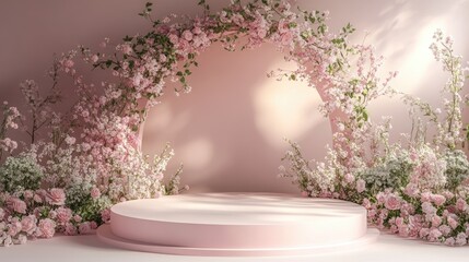 Aufkleber - A beautiful 3D render of a pink podium with delicate pastel flowers and a floral arch in the background, ideal for a product showcase or ceremony