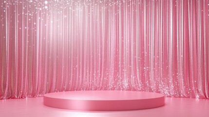 Poster - A beautifully lit pink podium with soft pink and silver glittering lights reflecting off the backdrop of a pink curtain, perfect for a showcase