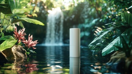 Poster - A blank white cosmetic tube floating on water, with vibrant tropical plants and a cascading waterfall in the jungle, creating a fresh, natural beauty scene
