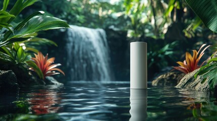 Poster - A blank white cosmetic tube floating on water, with vibrant tropical plants and a cascading waterfall in the jungle, creating a fresh, natural beauty scene