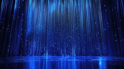 Poster - A blue stage with silver glittering lights flickering across a rich blue curtain, creating a mesmerizing and dramatic atmosphere for a show