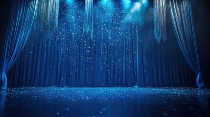Poster - A blue stage with silver glittering lights flickering across a rich blue curtain, creating a mesmerizing and dramatic atmosphere for a show