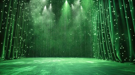 Aufkleber - A captivating green stage with sparkling silver lights flickering against a deep green curtain, offering a dramatic effect for a show or concert