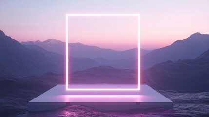 Poster - Empty podium for product display with glowing neon square frame against backdrop with mountains range. Abstract futuristic background