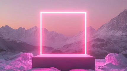 Poster - Empty podium for product display with glowing neon square frame against backdrop with mountains range. Abstract futuristic background