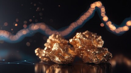Poster - A close-up of gold nuggets stacked on a dark surface, with a fluctuating line graph in the background, suggesting gold market trends and investment potential