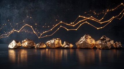 Aufkleber - A collection of gold nuggets displayed on a dark surface, with a fluctuating line graph overlay, symbolizing the changing trends in the gold market and investment analysis