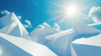 Poster - A dynamic 3D render of geometric white shapes against a blue sky with a bright sun, showcasing a modern, abstract design concept