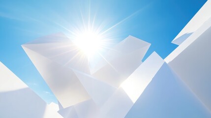 Poster - A dynamic 3D render of geometric white shapes against a blue sky with a bright sun, showcasing a modern, abstract design concept