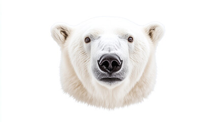 closeup portrait of white polar bear face, looking at camera, isolated on white. arctic predator hea
