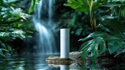 Poster - A minimalist white cosmetic tube placed on water, with lush jungle plants and a waterfall in the background, perfect for showcasing natural beauty products
