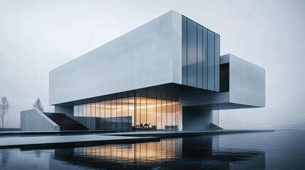 Poster - A modern building with minimalist design and clean edges, showcasing contemporary architecture at its finest with large glass windows and open spaces