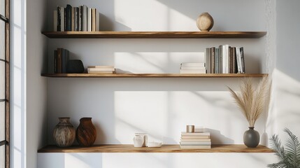 Poster - A modern wooden showcase on a white wall, featuring carefully curated decor and books, adding elegance and style to a living room or office space