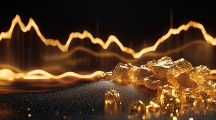 Aufkleber - A pile of gleaming gold nuggets resting on a dark surface, accompanied by a fluctuating line graph, symbolizing trends in gold prices and investment