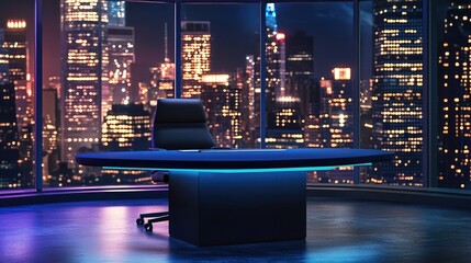 Aufkleber - A professional news studio setup featuring a blue table and black chair, with the city lights twinkling in the background at night through the window