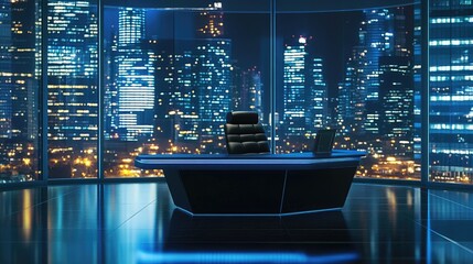 Aufkleber - A professional news studio setup featuring a blue table and black chair, with the city lights twinkling in the background at night through the window