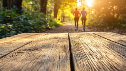 Poster - A rustic wooden table in focus with a soft blur of a jogger couple in the morning sun, capturing the essence of health and vitality in nature