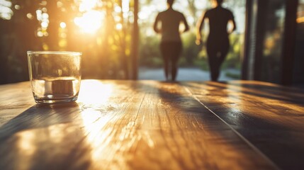 Aufkleber - A serene shot of a wooden table with a blurred image of a couple jogging in the morning, symbolizing fitness and wellness in a peaceful setting