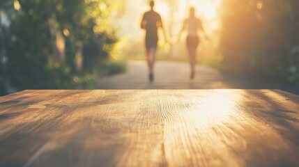 Aufkleber - A serene shot of a wooden table with a blurred image of a couple jogging in the morning, symbolizing fitness and wellness in a peaceful setting