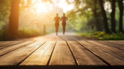 Poster - A simple wooden table with a blurred silhouette of a man and woman jogging together in the morning, offering a peaceful, motivational ambiance