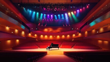 Poster - A stunning concert stage setup with colorful lights highlighting musical instruments, a truss system above, and red seats, all set in a blank concert hall
