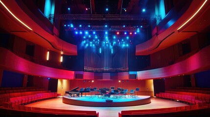 Poster - A stunning concert stage setup with colorful lights highlighting musical instruments, a truss system above, and red seats, all set in a blank concert hall