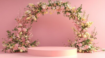Aufkleber - A vibrant 3D rendering of a pink podium with a pastel floral arch in the background, adorned with delicate flowers for a charming product display