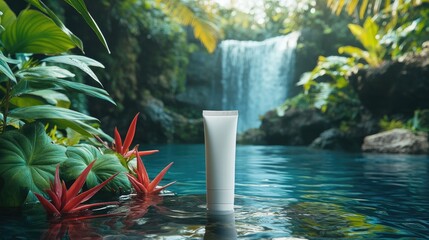 Poster - A white cosmetic tube on water with colorful plants and a lush jungle waterfall in the background, creating a refreshing and serene natural beauty scene
