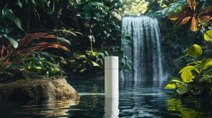 Poster - A white cosmetic tube surrounded by clear water, colorful plants, and a serene waterfall in the jungle, ideal for nature-inspired beauty product imagery