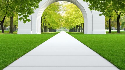 Wall Mural - Serene white pathway through lush green park under elegant archway