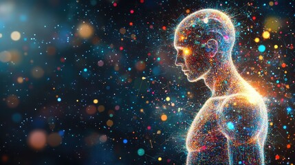 Poster - Abstract AI diagnostic patterns overlaying a glowing human body hologram on a clean black gradient background. Copy space surrounds.