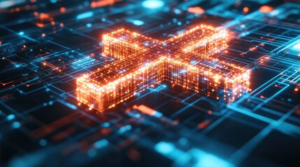 Poster - abstract ai neural networks surrounding a glowing medical cross, symbolizing advancements in healthc