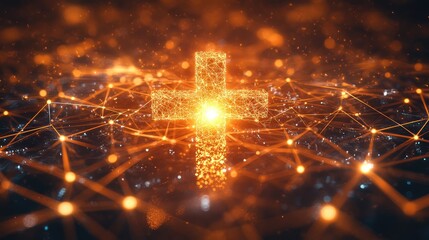 Poster - abstract ai neural networks surrounding a glowing medical cross, symbolizing advancements in healthc