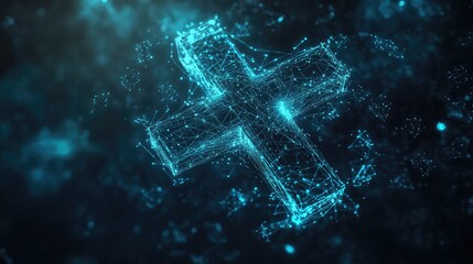 Poster - abstract ai neural networks surrounding a glowing medical cross, symbolizing advancements in healthc