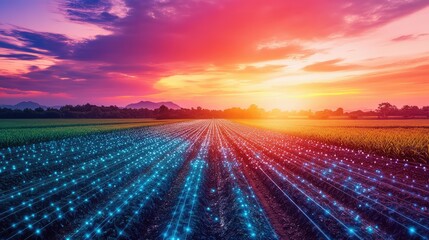 Poster - Abstract digital patterns overlaying a smart irrigation system, displayed on a clean futuristic gradient background. Spacious copy space surrounds.