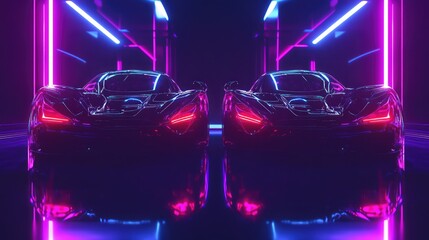 Poster - abstract digital twin concept with two identical holographic car models glowing in a vibrant futuris
