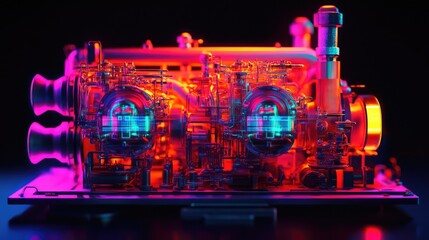Poster - abstract glowing digital twin of an industrial machine with holographic projections on a dark backgr