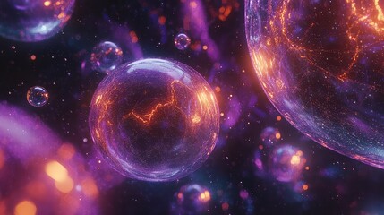 Poster - Abstract glowing holographic spheres interconnected by vibrant lines, symbolizing digital twin networks. Spacious copy space surrounds.