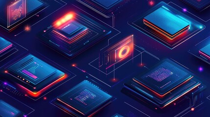 Poster - abstract glowing shapes representing ai data models on a dark gradient background, leaving space for