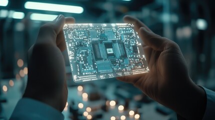 Poster - Engineer holding a futuristic white circuit board concept