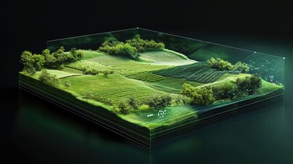 Poster - A D holographic representation of a smart farm landscape with AI monitoring systems, displayed on a futuristic dark gradient background. Spacious copy space surrounds.