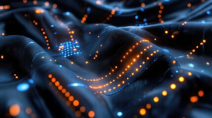 Poster - A close-up view of AI-enhanced smart fabric, glowing with integrated digital threads and ample room for copy.