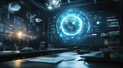 Poster - A digital classroom with virtual reality tools floating and glowing, powered by AI, with ample space for copy.