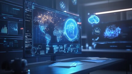 Poster - A digital classroom with virtual reality tools floating and glowing, powered by AI, with ample space for copy.